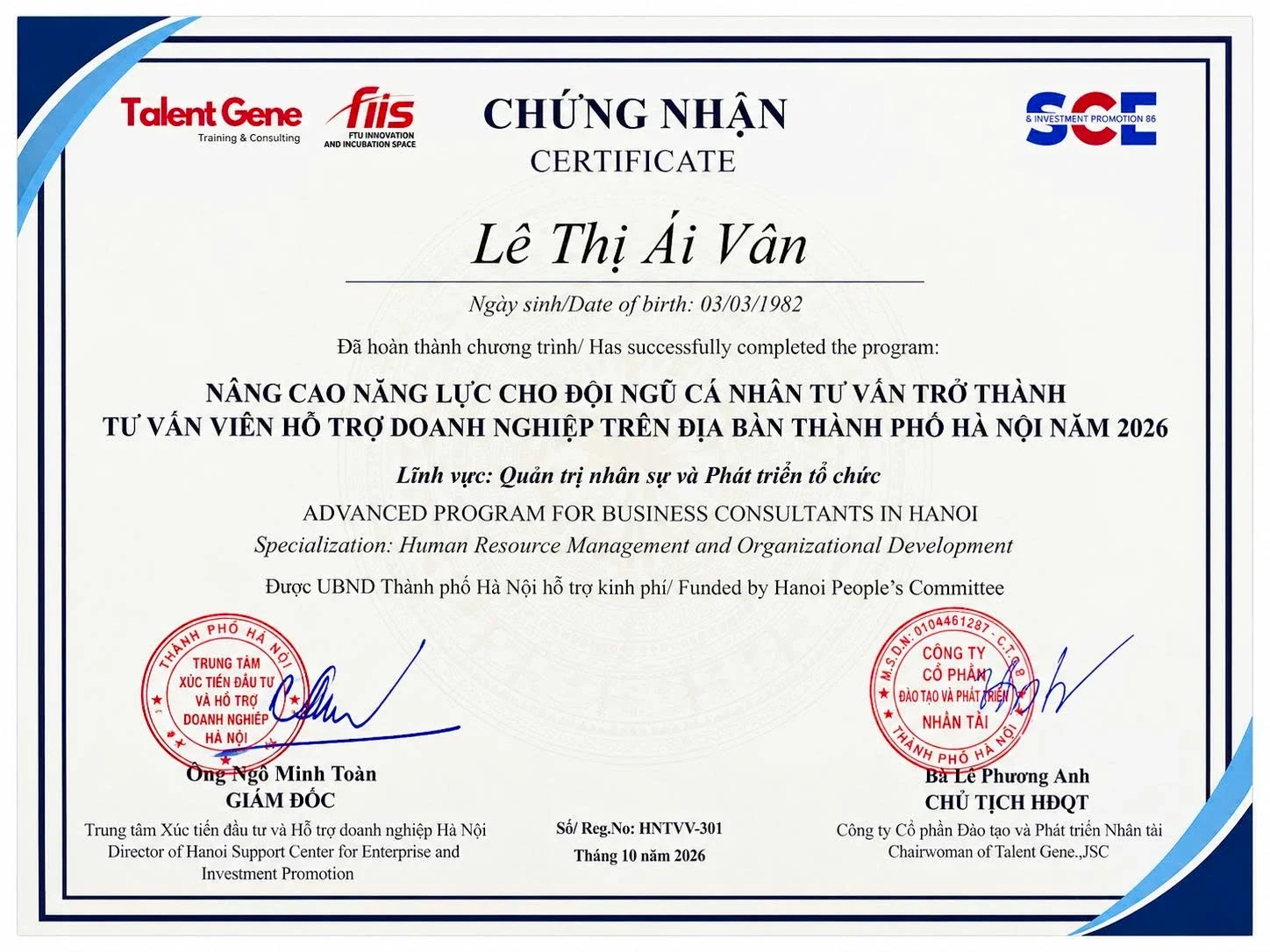 Chứng nhận hoàn thành chương trình nâng cao năng lực tư vấn viên hỗ trợ doanh nghiệp Hà Nội 2026 của Lê Thị Ái Vân